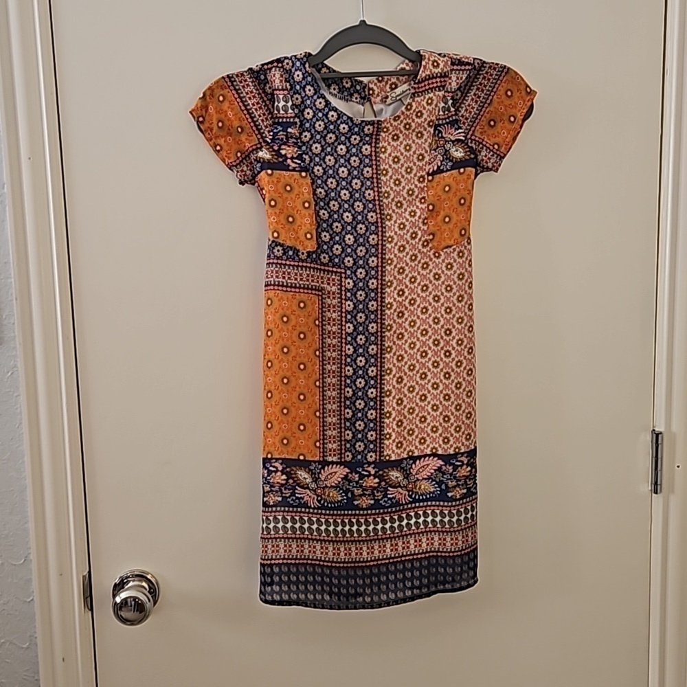 SPEECHLESS Orange Mixed Print Patchwork Tie Back Short Sleeve Dress - Picture 5 of 10